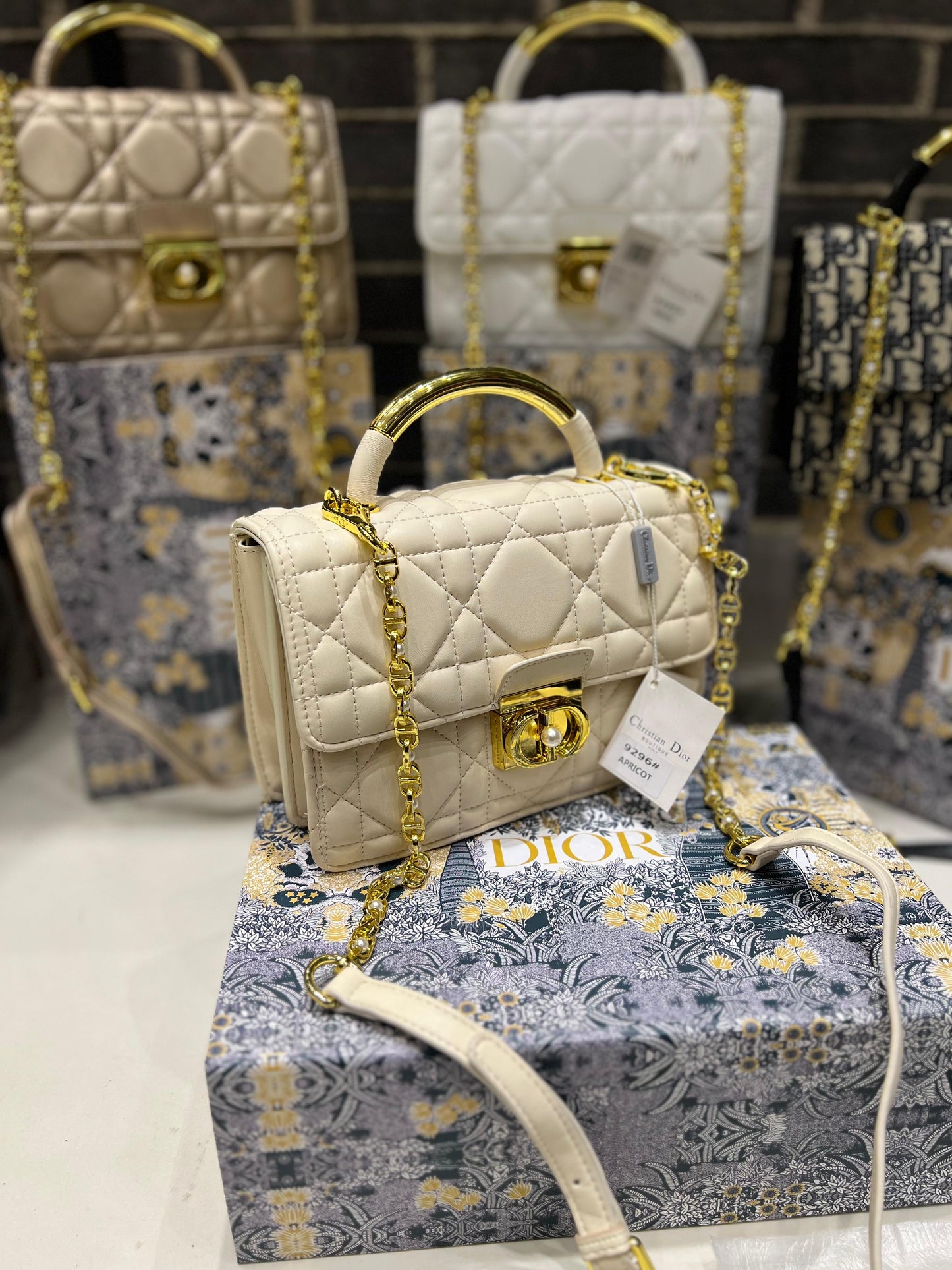 DIOR Medium Ange Bag – Gold-Finish Pearl Detail Elegance