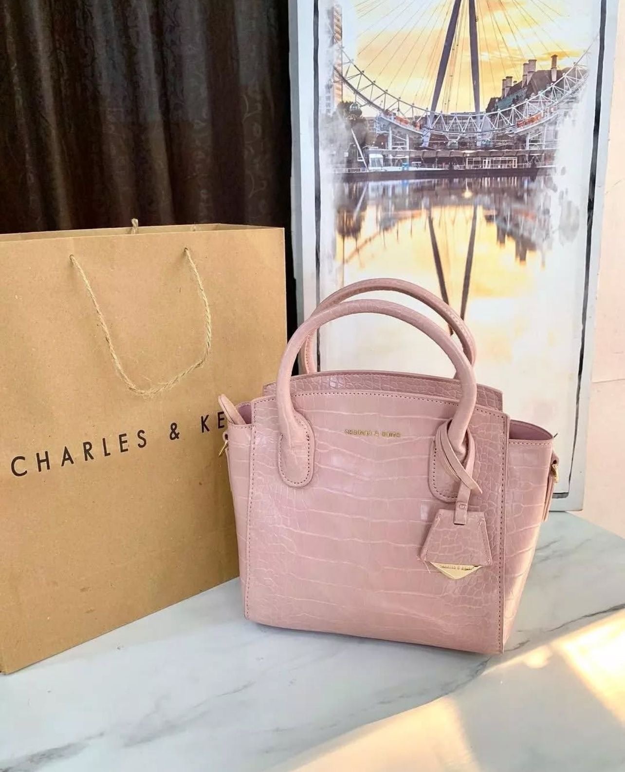 Charles & Keith Croc-Effect Structured Top Handle Bag