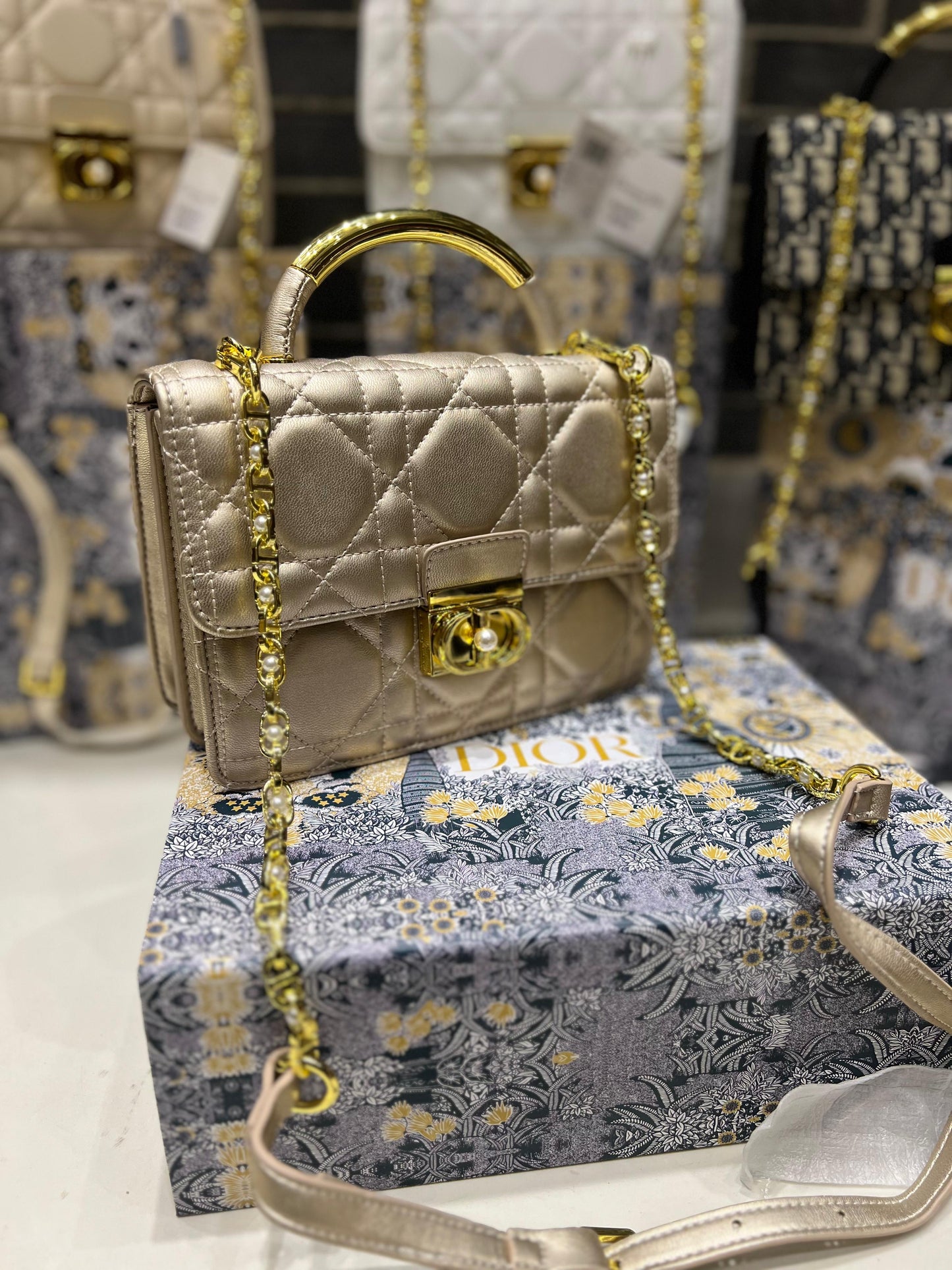 DIOR Medium Ange Bag – Gold-Finish Pearl Detail Elegance