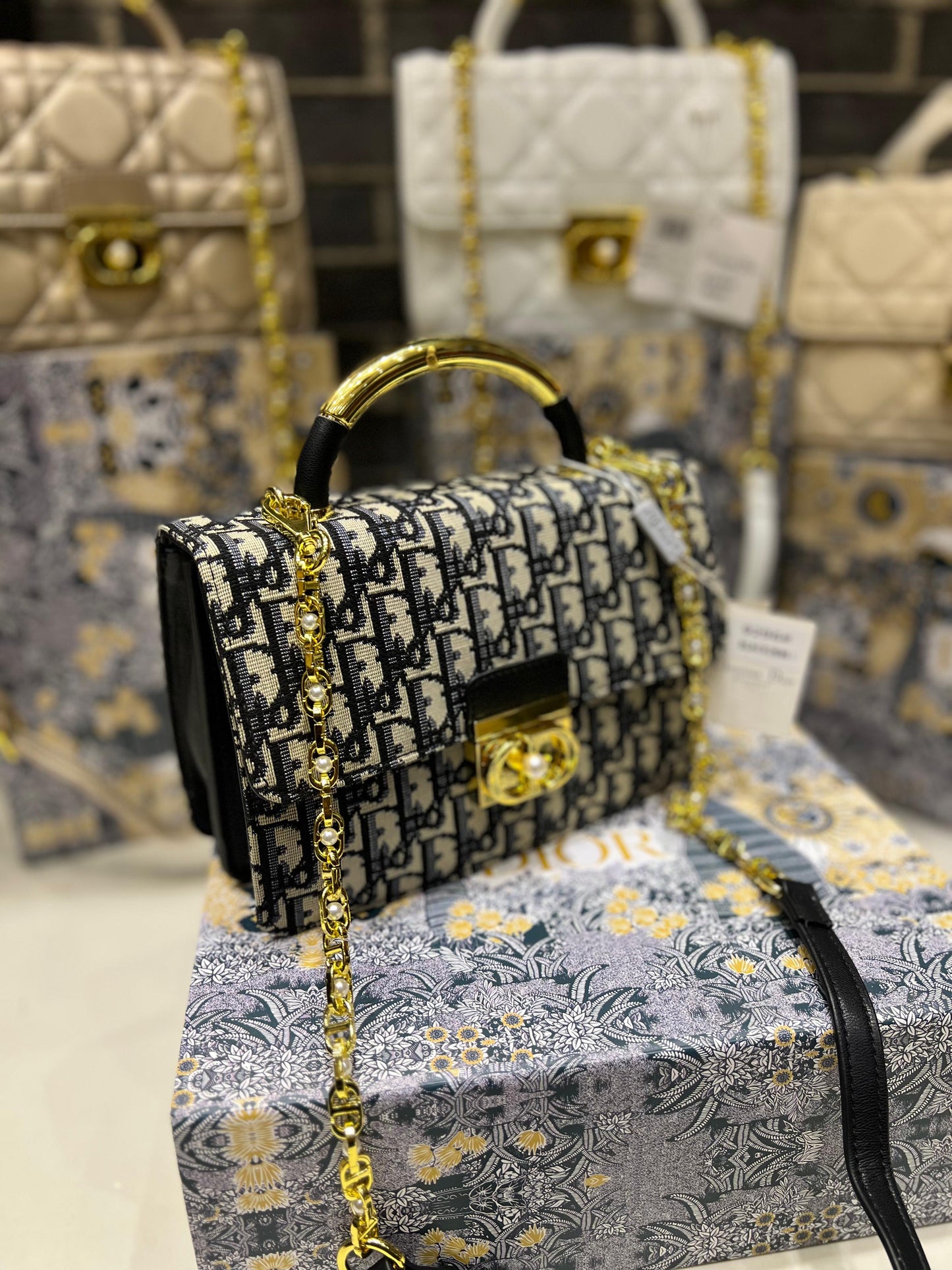 DIOR Medium Ange Bag – Gold-Finish Pearl Detail Elegance