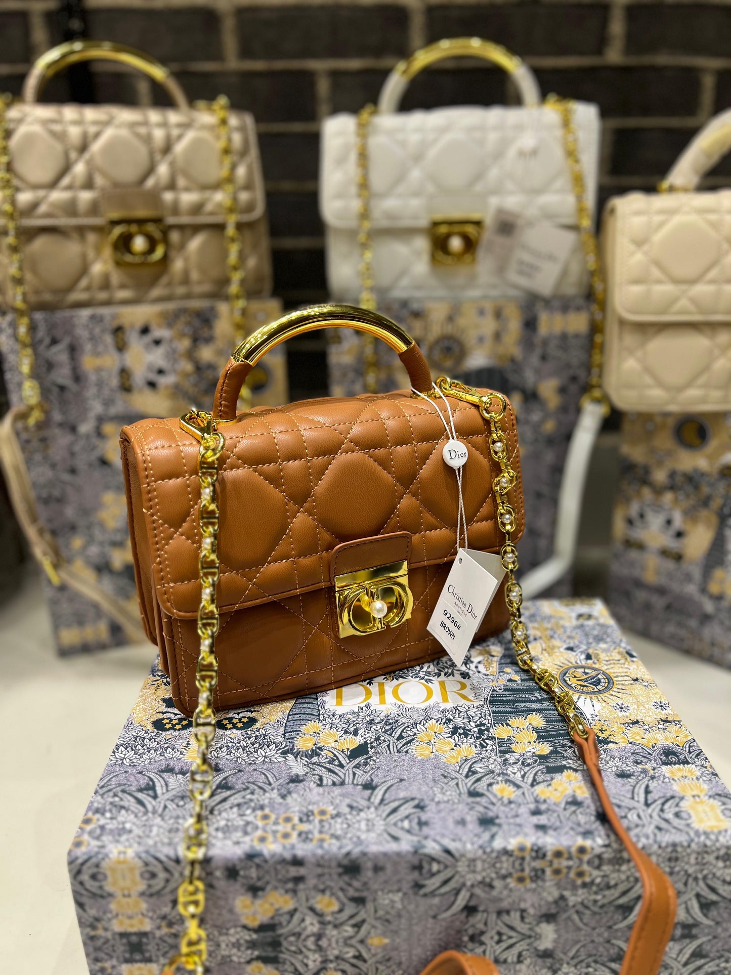 DIOR Medium Ange Bag – Gold-Finish Pearl Detail Elegance