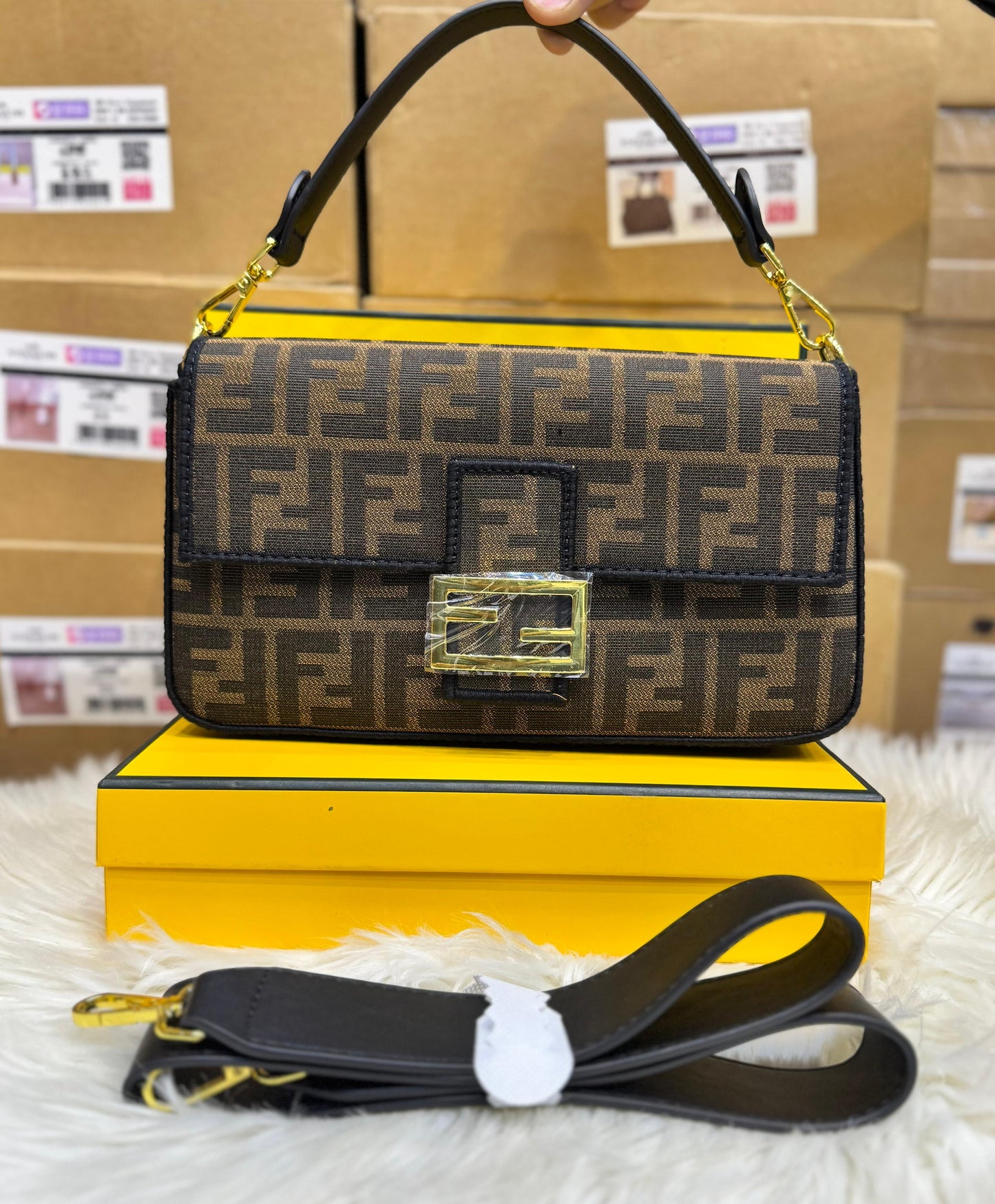 FENDI Tobacco Brown FF Jacquard Bag