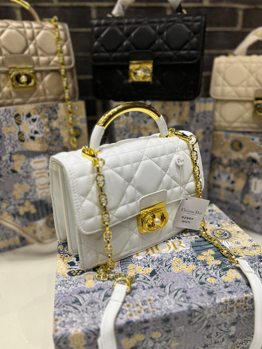 DIOR Medium Ange Bag – Gold-Finish Pearl Detail Elegance