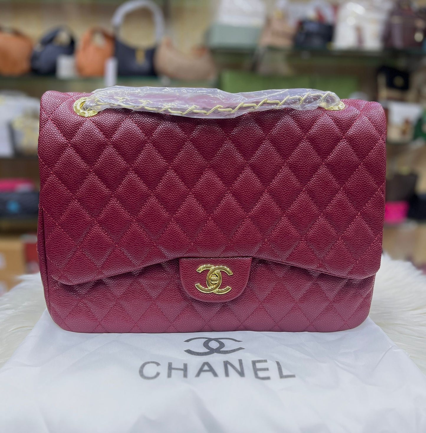 CHANEL Jumbo Classic Double Flap – Burgundy Caviar with Gold Hardware