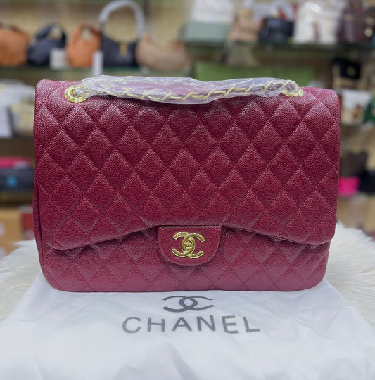 CHANEL Jumbo Classic Double Flap – Burgundy Caviar with Gold Hardware