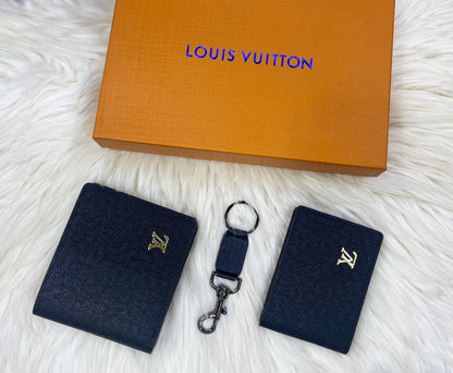 Gucci & Louis Vuitton Gents Gift Set – Wallet, Card Holder & Keychain