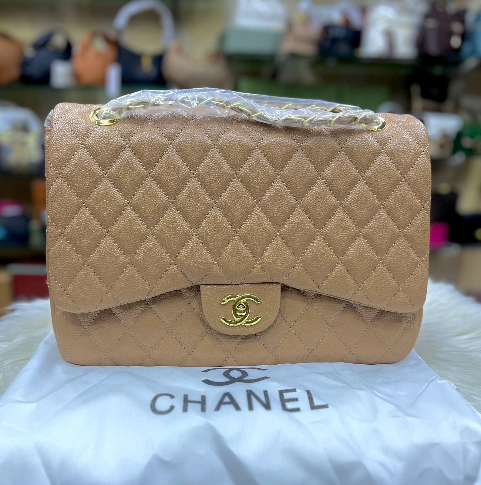 CHANEL Jumbo Classic Double Flap – Beige Caviar with Gold Hardware