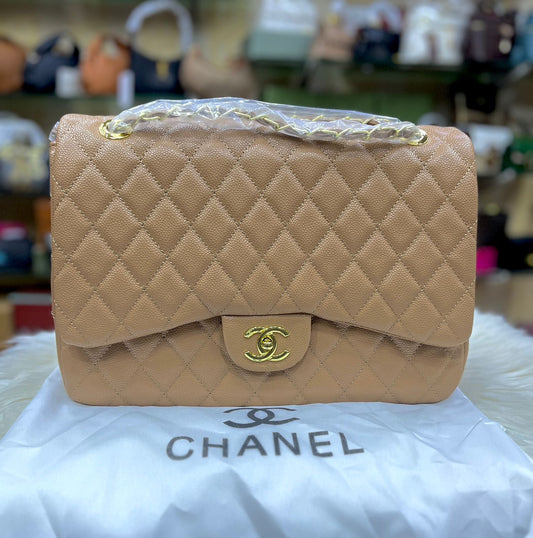 CHANEL Jumbo Classic Double Flap – Beige Caviar with Gold Hardware