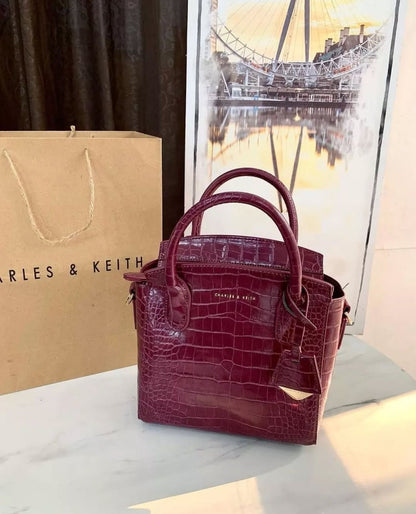 Charles & Keith Croc-Effect Structured Top Handle Bag