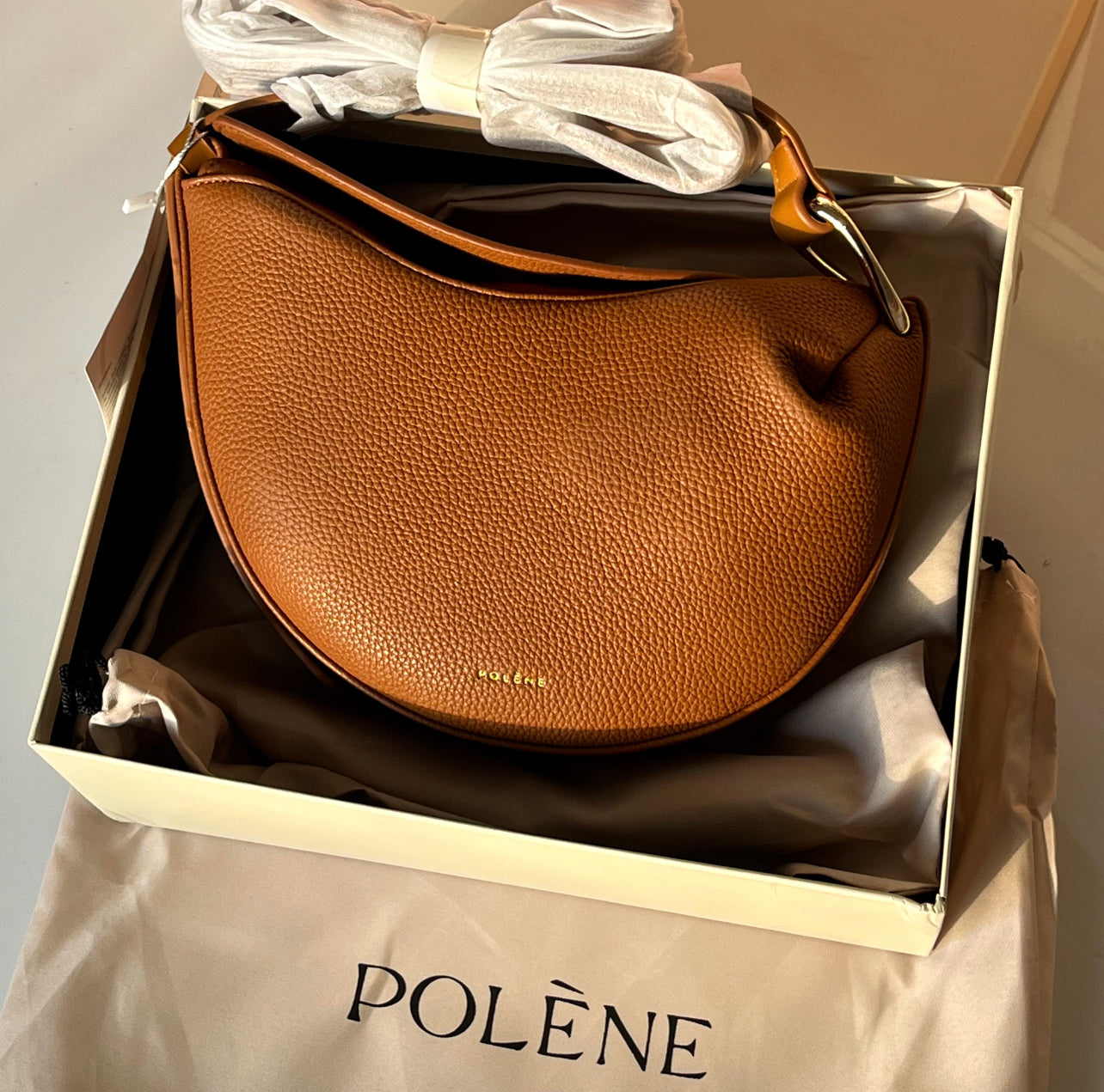POLÈNE Tonca – Textured Cognac Shoulder Bag