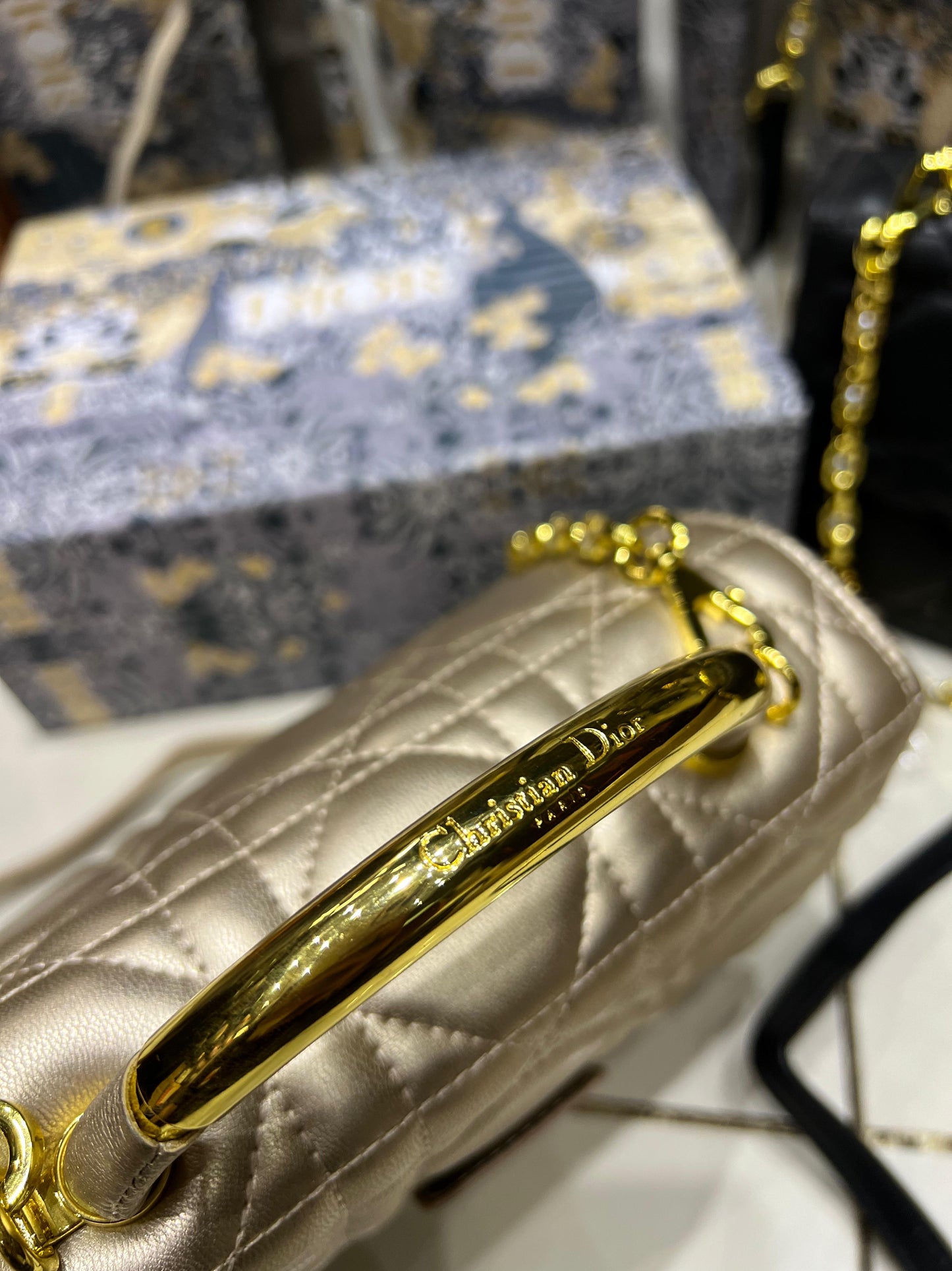 DIOR Medium Ange Bag – Gold-Finish Pearl Detail Elegance