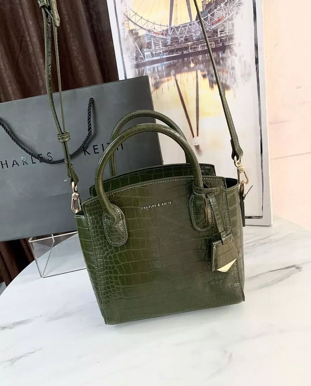Charles & Keith Croc-Effect Structured Top Handle Bag
