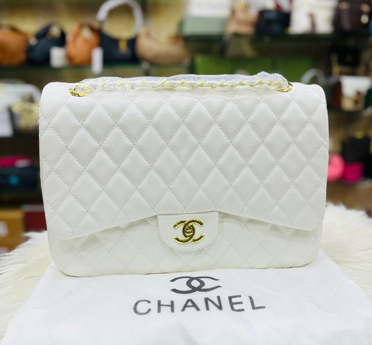CHANEL Jumbo Classic Double Flap – White Caviar with Gold Hardware