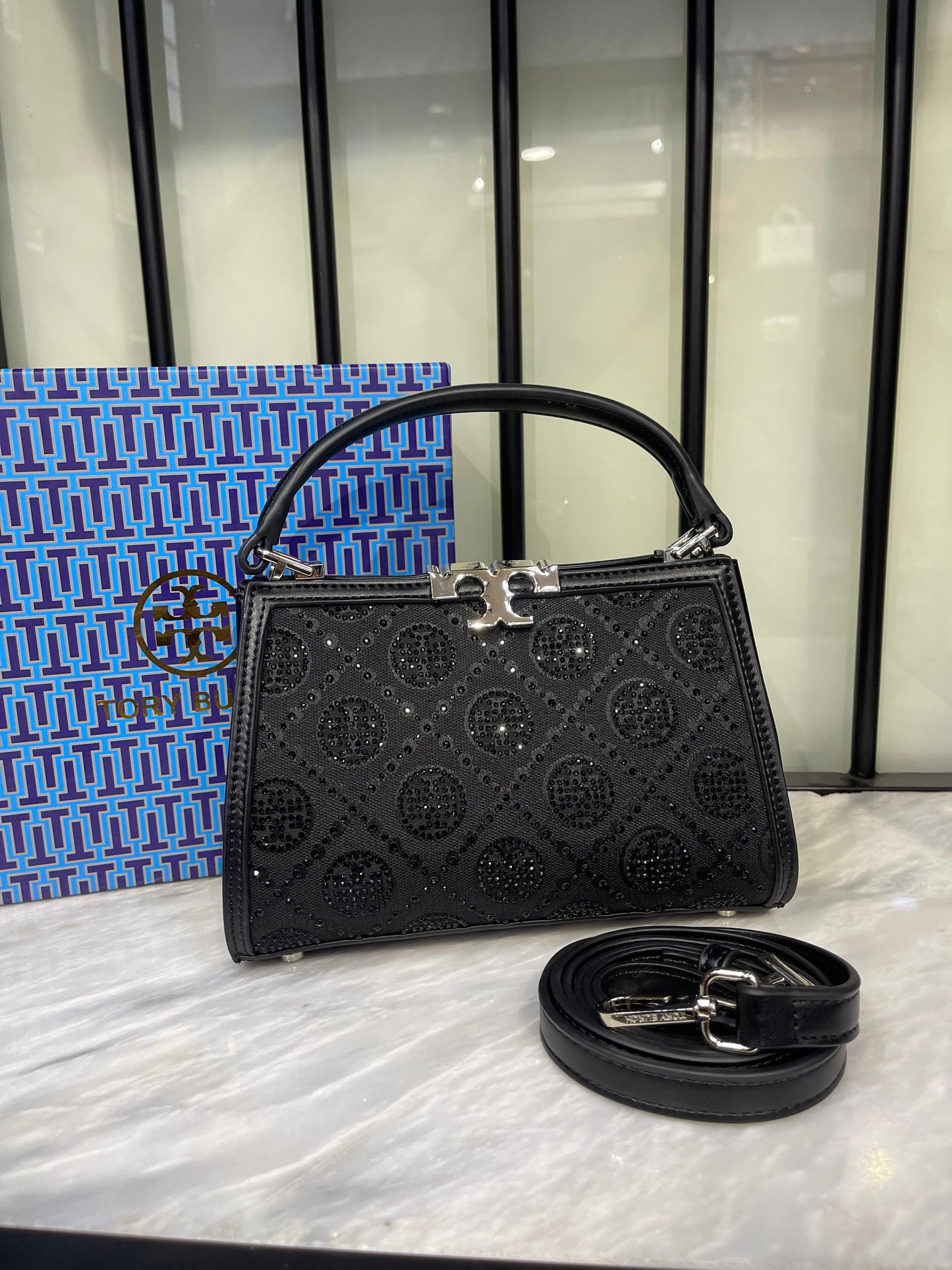 Tory Burch Mini Eleanor Soft Satchel – Black Crystal Monogram