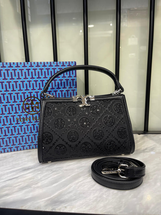 Tory Burch Mini Eleanor Soft Satchel – Black Crystal Monogram